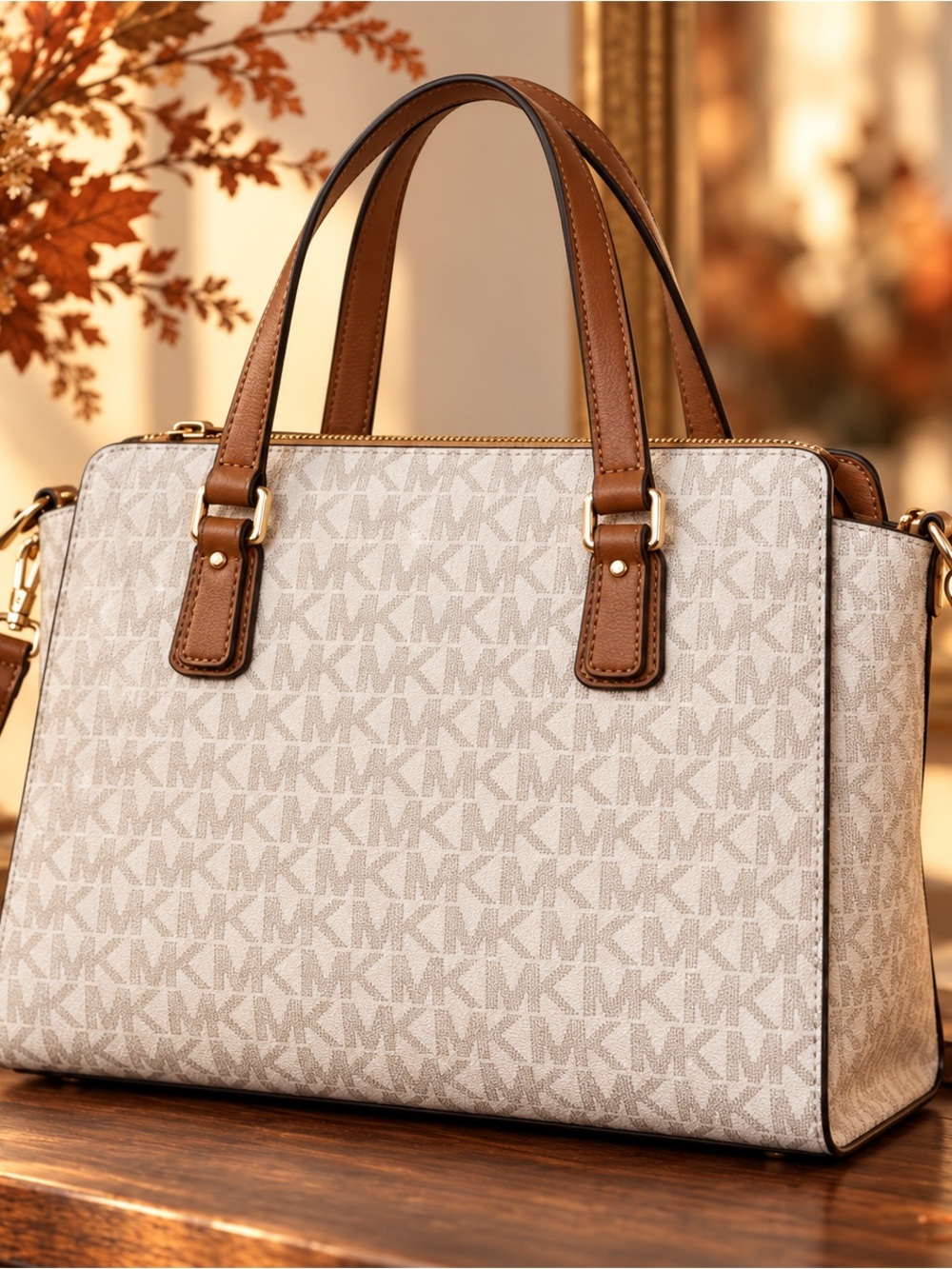 Michael Kors Signature Vanilla Brown Satchel Tote Crossbody Bag